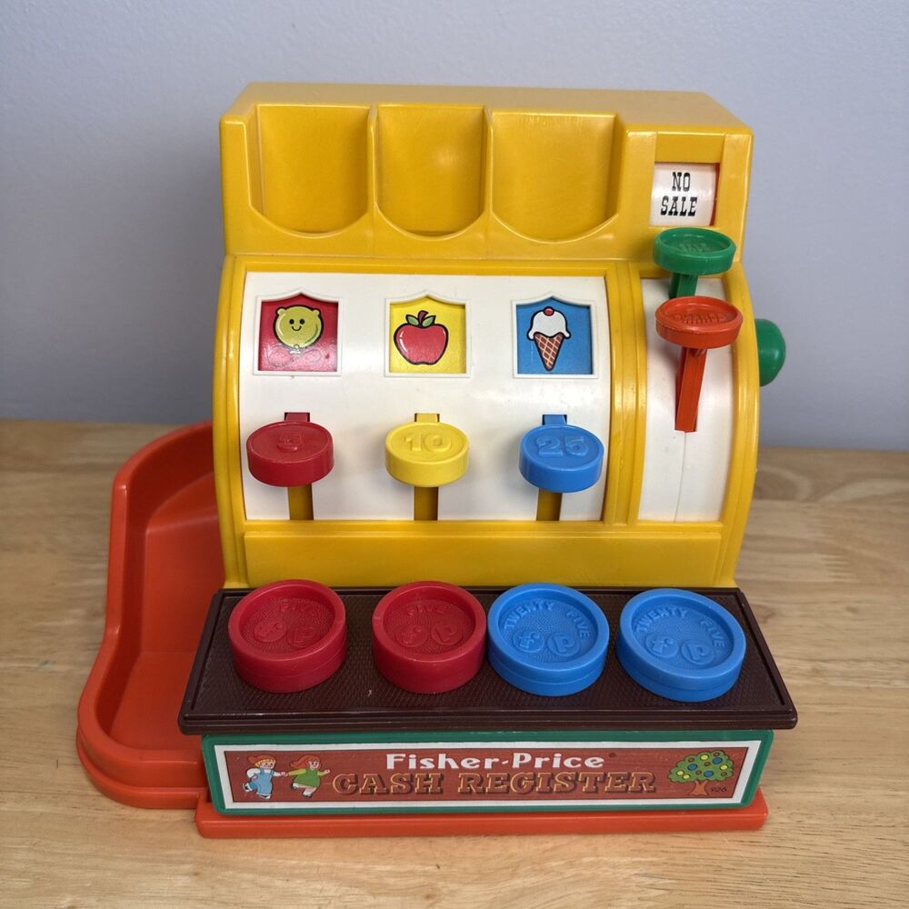 Vintage 1974 Fisher Price Cash Register #926 With 4 Coins Working Bell Handle